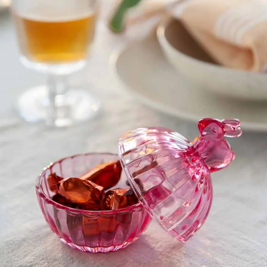 Glasskål m/Lokk Hare Rosa 12,5cm<HADELAND GLASSVERK Hot